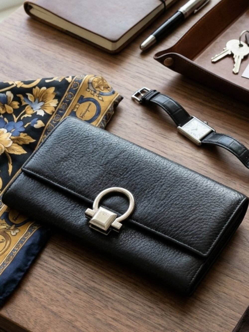Salvatore Ferragamo Black Pebbled Leather Gancini Flap Continental Wallet
